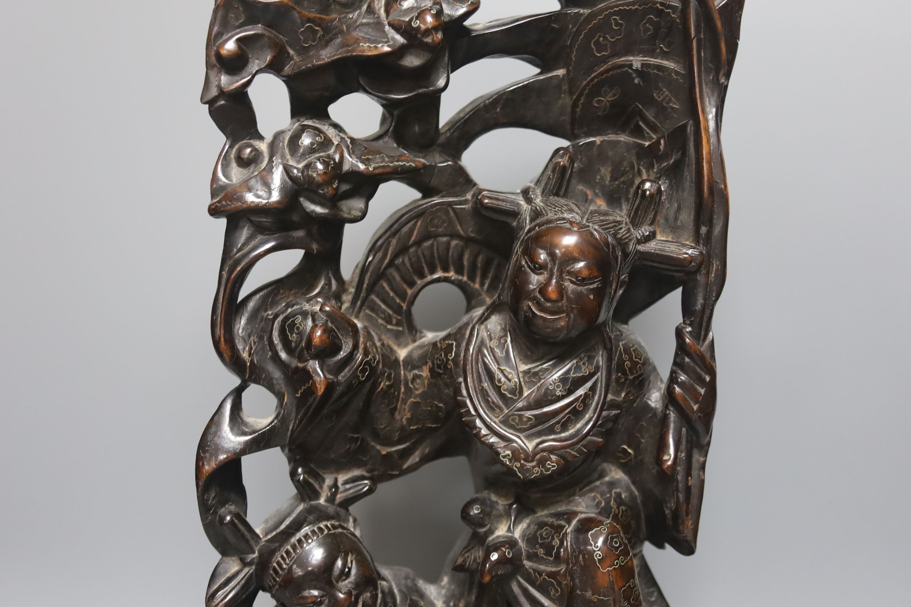 A Chinese hardwood and wire inlaid group of the He He Erxian and a similar figure of Budai, both early 20th century, tallest 49cm